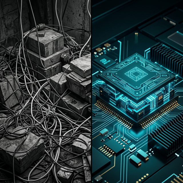 Conceptual illustration of custom architecture vs. a heavy CMS